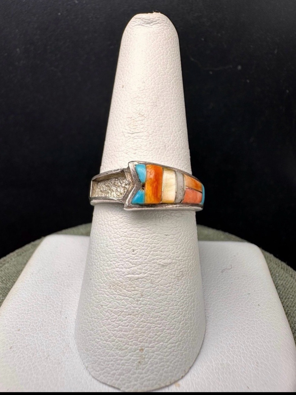 Vintage Sterling Silver Inlay Multicolor Women's Ring - Turquoise & Coral Accent